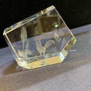 Rooster and wheat stalks etched crystal